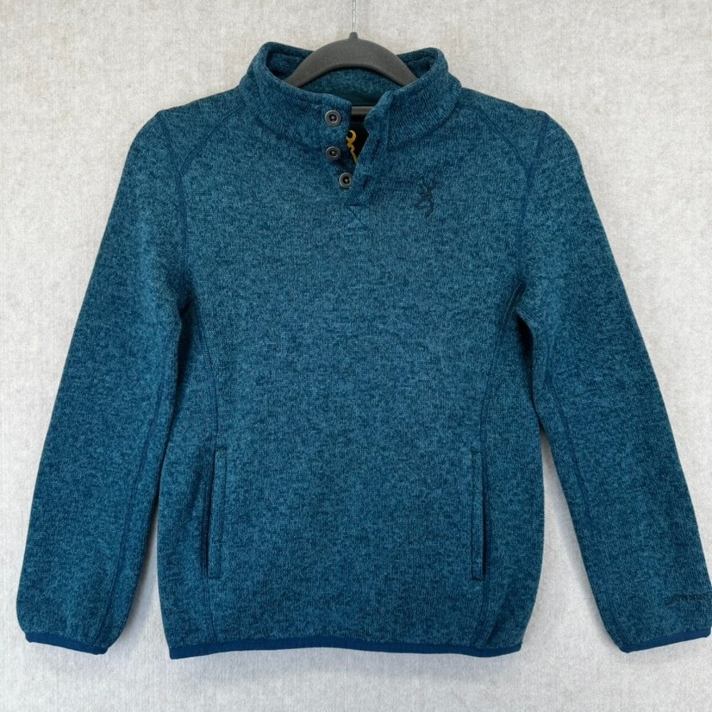 Browning Youth Boys Medium Teal Blue Heathered Sweater Knit Fleece Henley Jacket